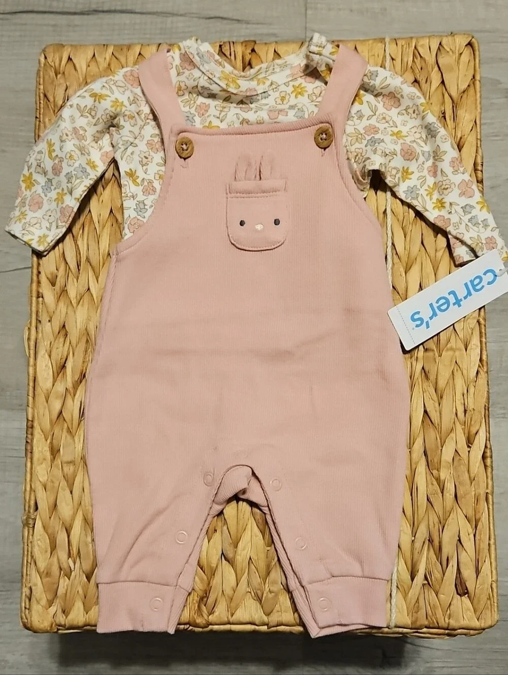 Carter's Dusty Pink Ribbed Overalls with Floral Bodysuit